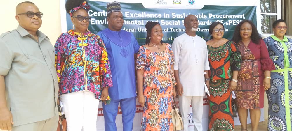 Centre Leader CE-sPESS Prof Gloria Chukwudebe (middle) flanked by Ebonyi State government officials, V.C EBSU and other management staff